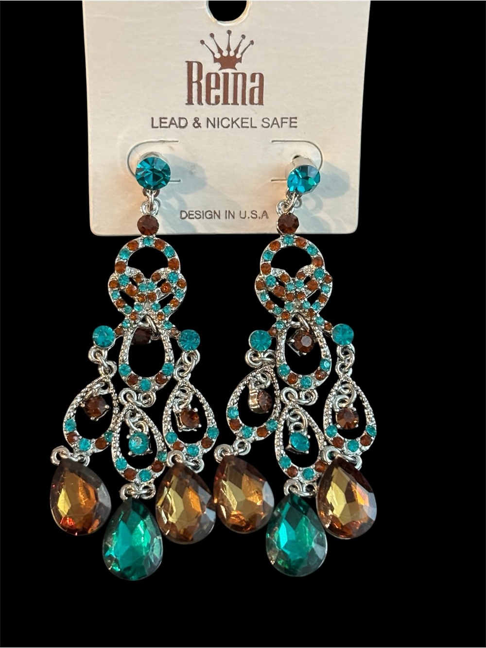 Reina Teal and Amber Crystal Drop Chandelier Earrings